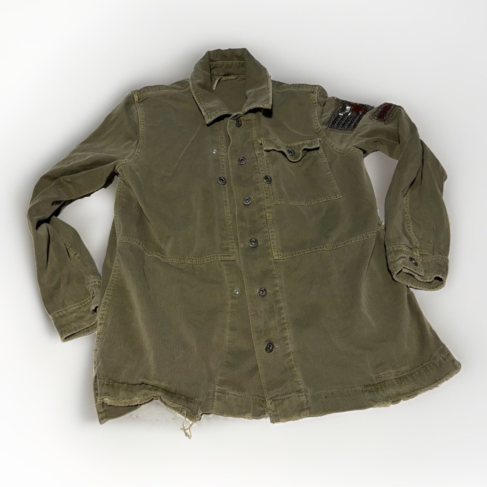 Free People Embellished Military Shirt Jacket Olive Green Beaded Utility - Picture 2 of 10
